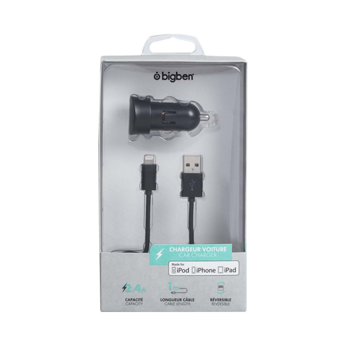 Caricabatterie per auto Bigben e cavo USB in confezione, capacità 2.4A, 1m.