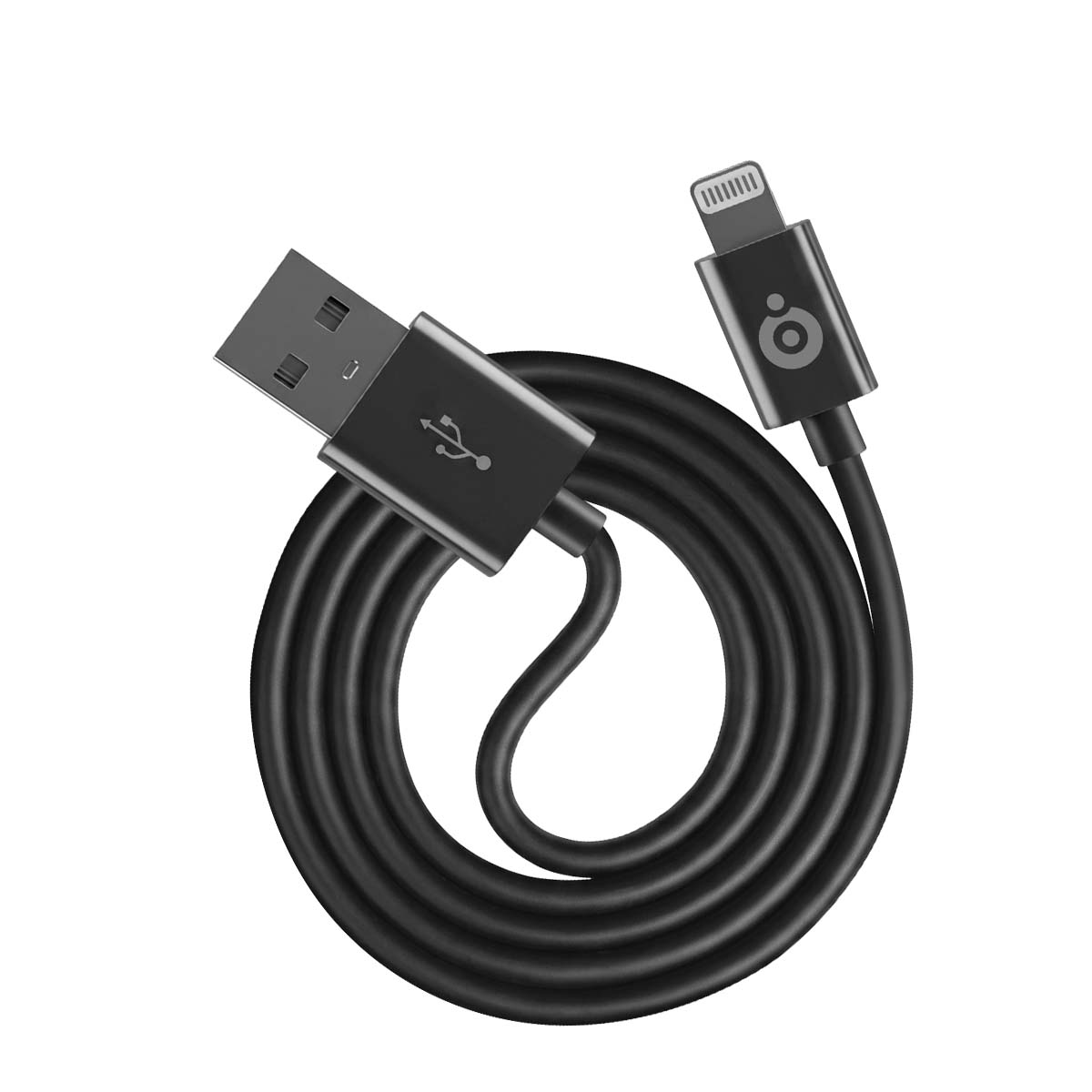 Un cavo USB nero arrotolato con un connettore USB-A a un'estremità e un connettore Lightning all'altra.