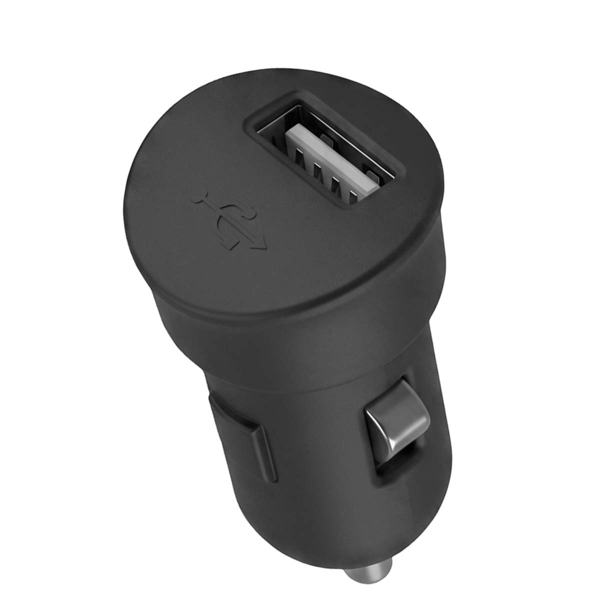 Un caricabatterie USB nero per auto con una porta USB in alto e clip di contatto.