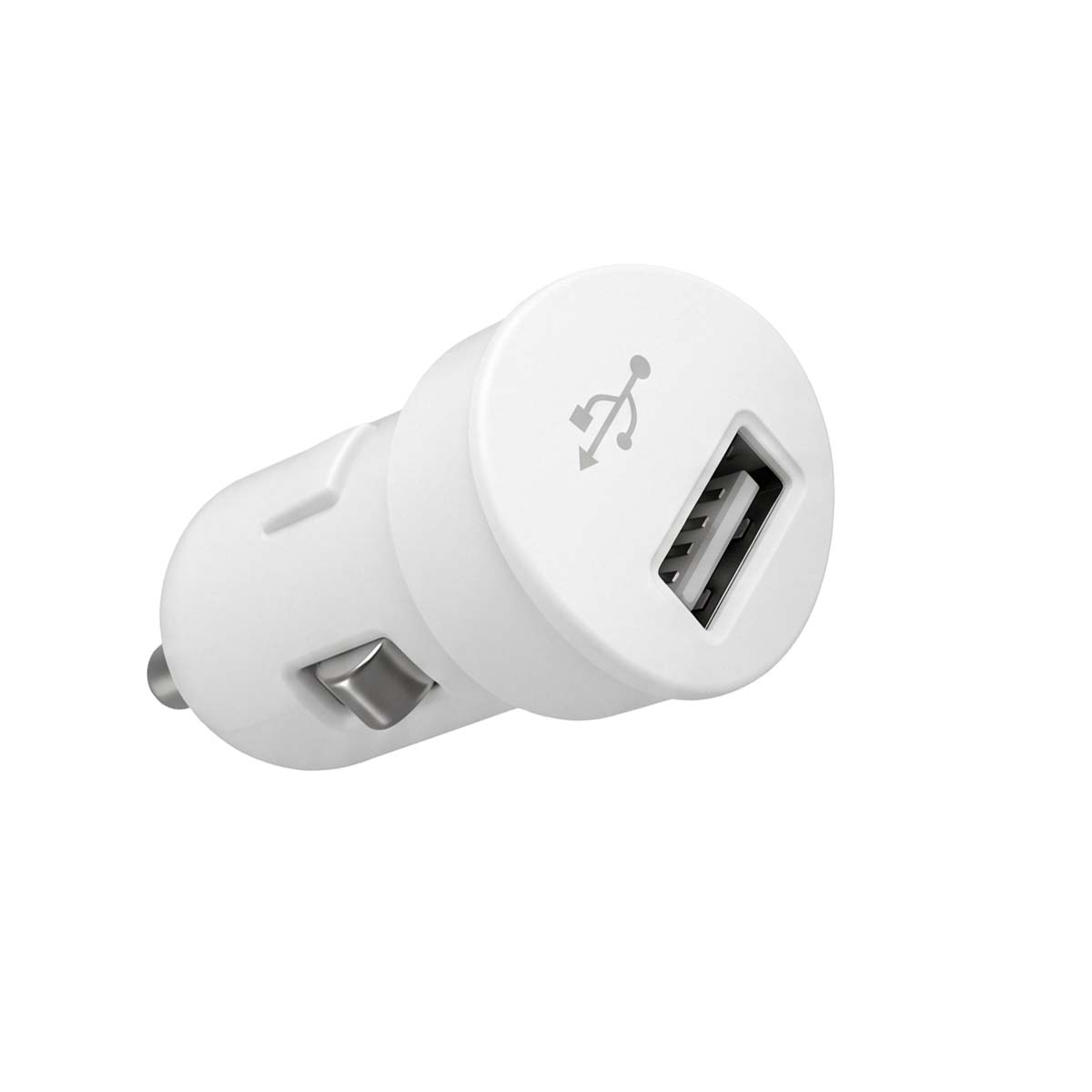 Un caricabatterie per auto bianco con una porta USB e icona USB su sfondo bianco.