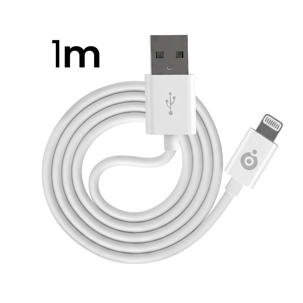 Un cavo USB-Lightning bianco da 1m arrotolato su sfondo bianco.