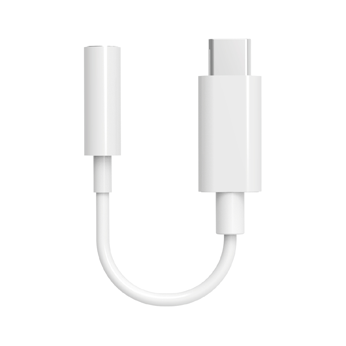 Un adattatore audio da USB-C a jack bianco su sfondo chiaro.