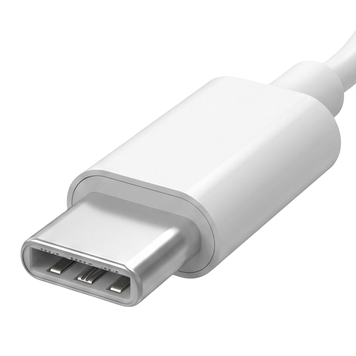 Un connettore per cavo USB-C bianco su sfondo chiaro.