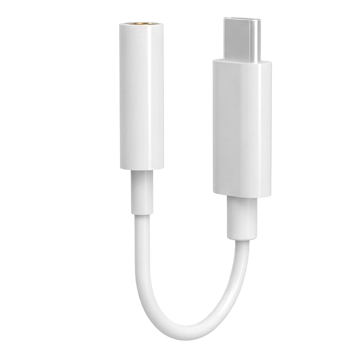 Un adattatore audio USB-C a jack da 3,5 mm bianco su sfondo bianco.