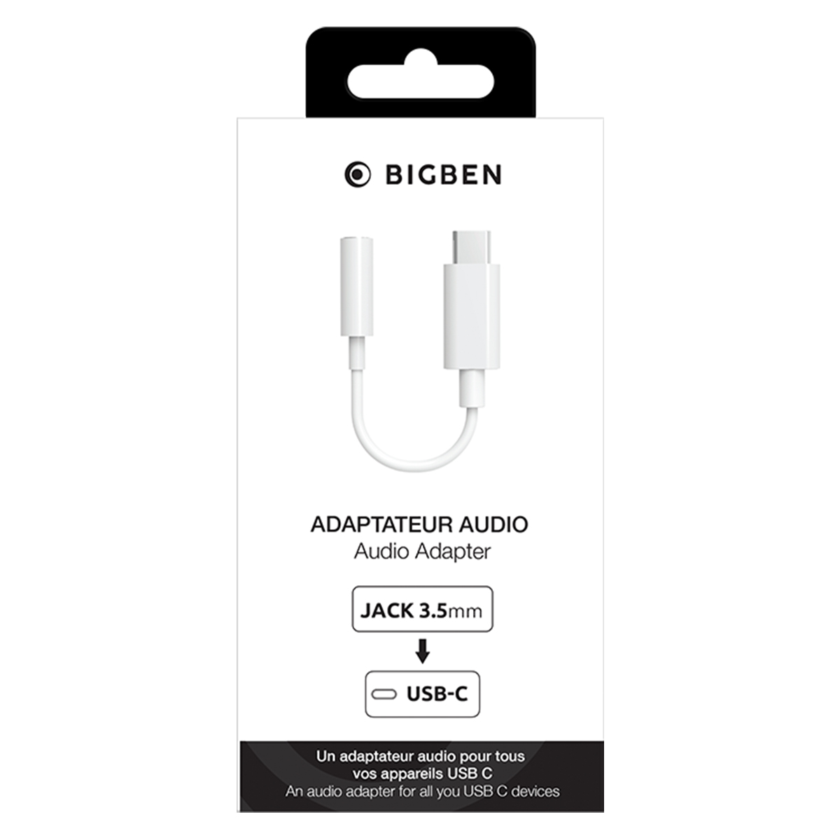 Confezione bianca per adattatore audio Bigben con un adattatore da USB-C a jack da 3,5 mm.
