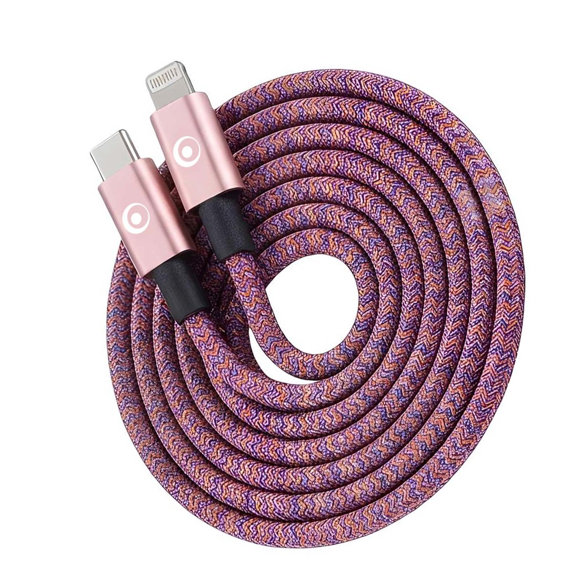 Ein violett-orange geflochtenes Ladekabel mit roségoldenen Anschlüssen.