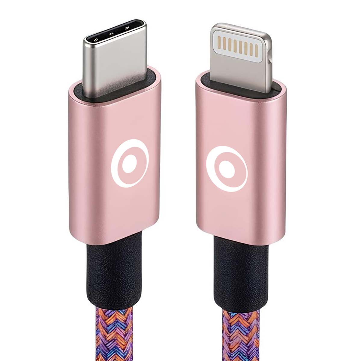 Zwei roségoldene Ladeanschlüsse mit geflochtenen Kabeln, ein USB-C- und ein Lightning-Stecker, vor weißem Hintergrund.