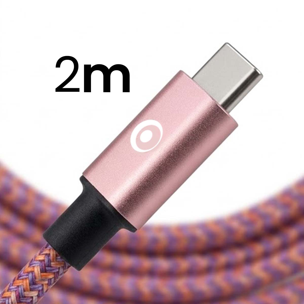 Ein rosafarbener USB-C-Stecker an einem geflochtenen lila-orangen Kabel mit der Aufschrift 2m.