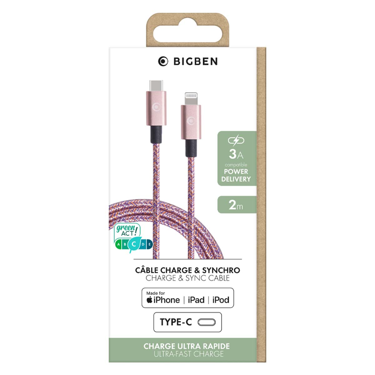 Verpackung eines roséfarbenen 2m USB-C auf Lightning Lade- und Synchrokabels von Bigben.