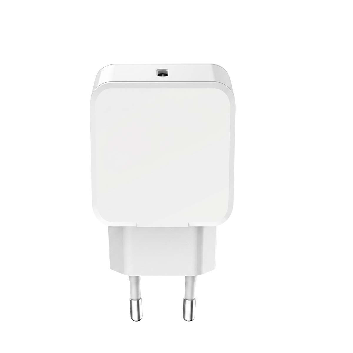 Un adaptateur mural blanc avec un port USB et deux broches, isolé sur un fond blanc.