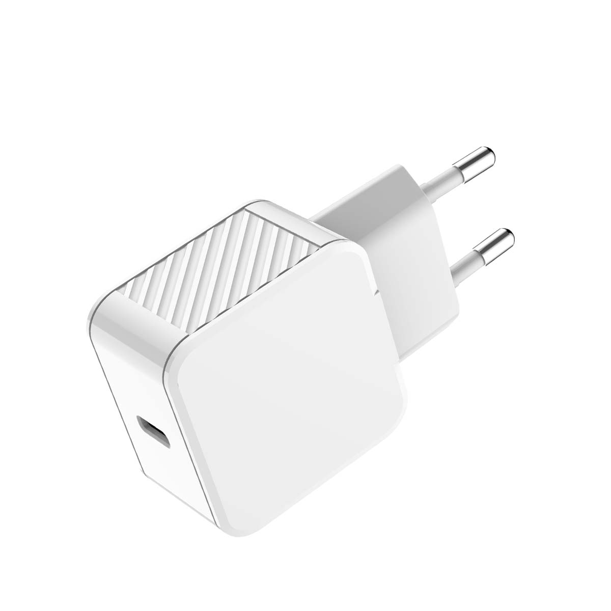 Un chargeur mural USB blanc avec deux broches métalliques et un port USB-C visible.