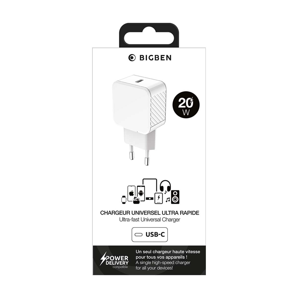 Emballage blanc de chargeur mural rapide USB-C Bigben 20W avec diverses icônes d'appareils.