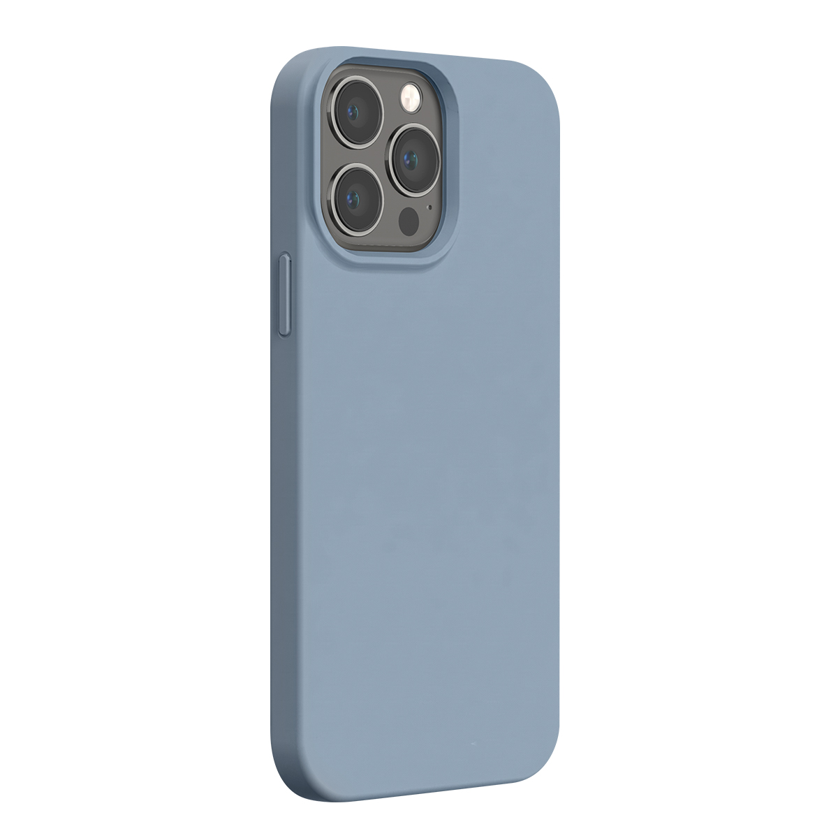 Custodia protettiva blu per smartphone su sfondo bianco con tre obiettivi fotografici.