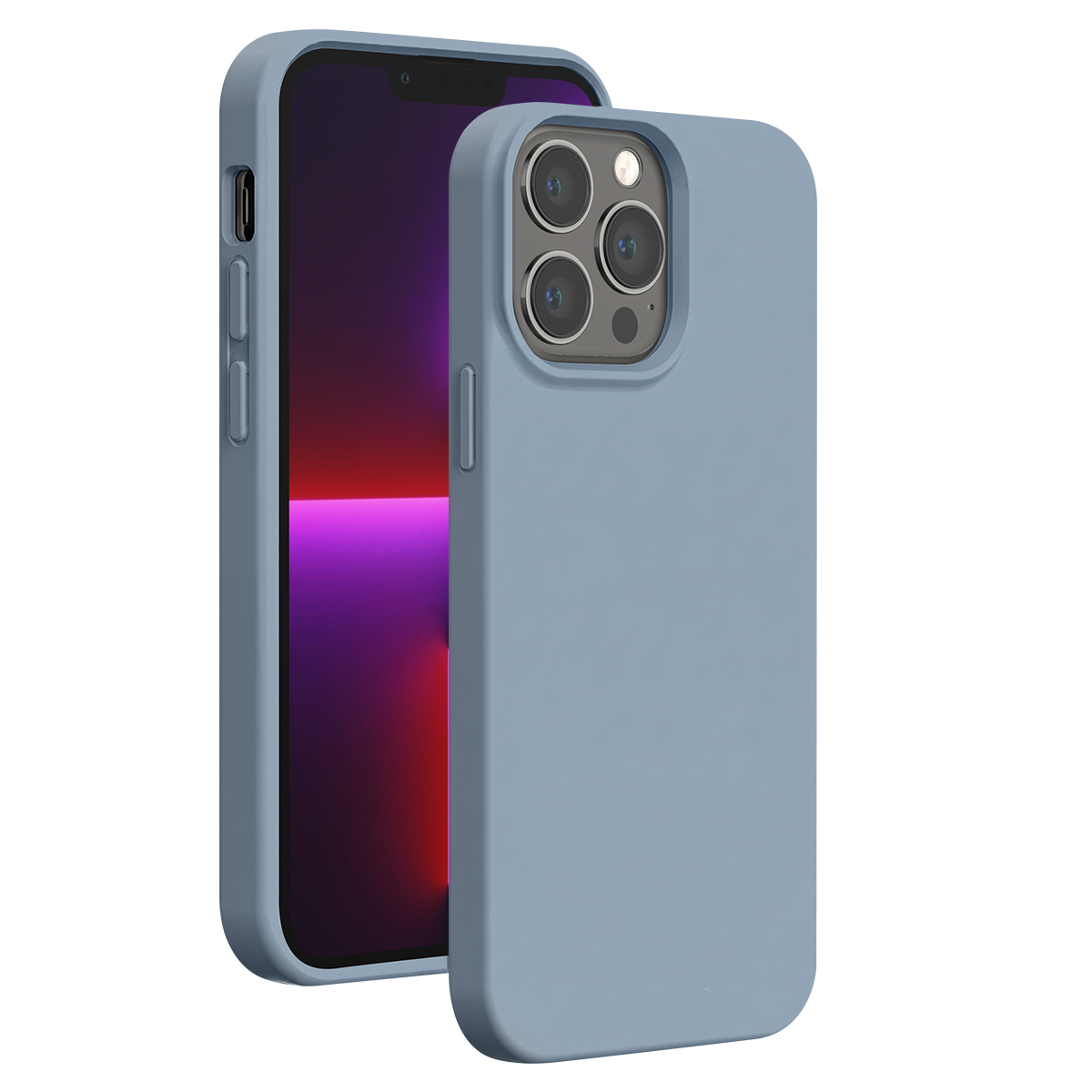 Due custodie per smartphone azzurre proteggono la parte anteriore e posteriore di un moderno iPhone.