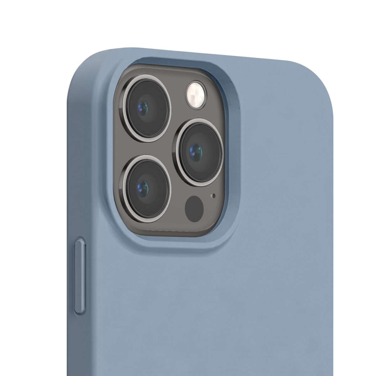Custodia per smartphone blu con tripla fotocamera su sfondo bianco.