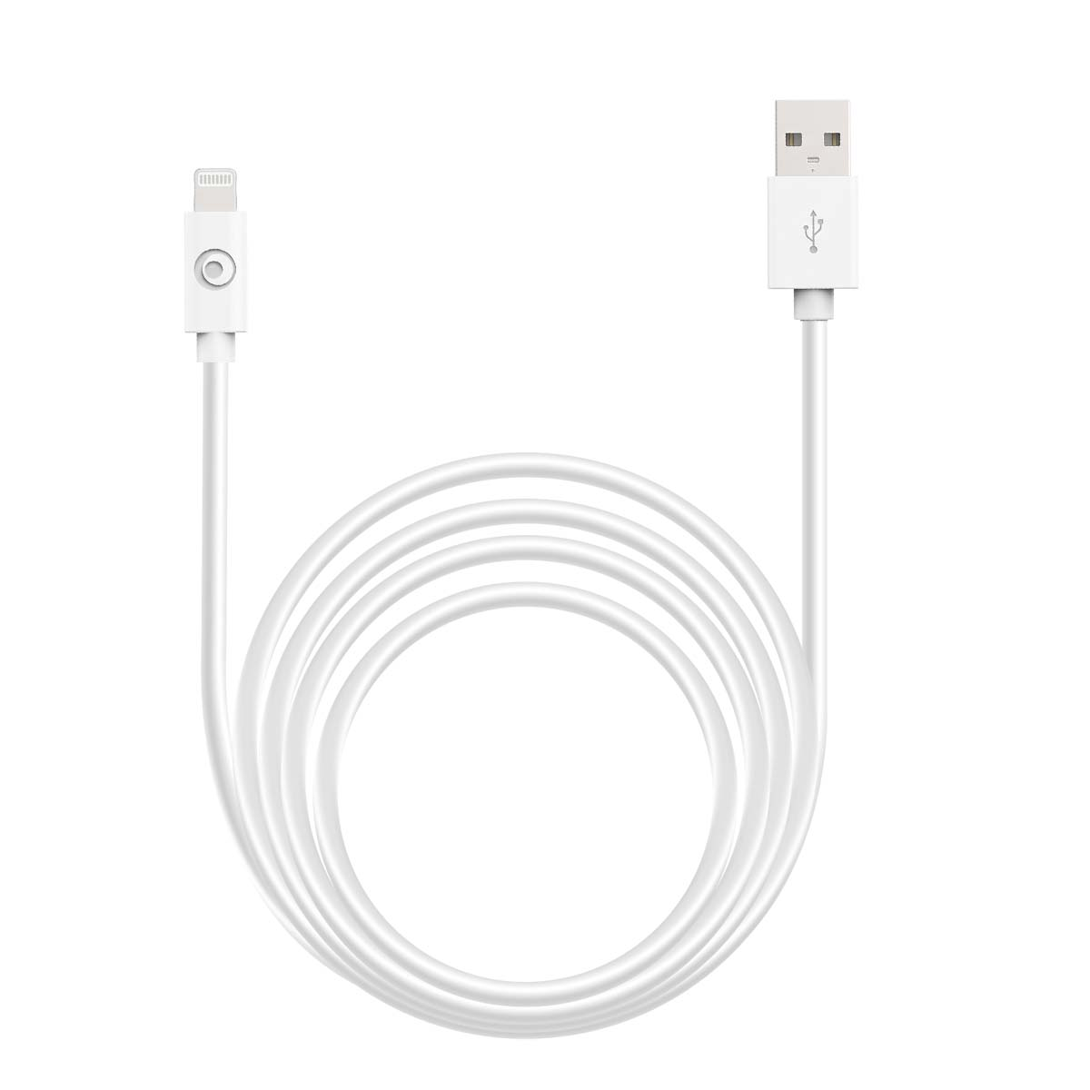 Un cavo di ricarica bianco con connettore USB e jack per cuffie.