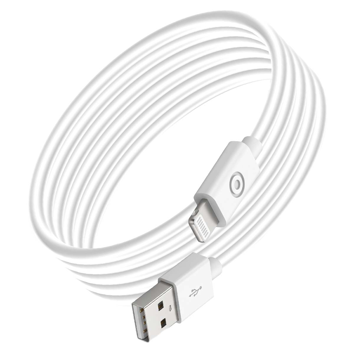 Un cavo USB bianco con connettori Lightning e USB standard è accuratamente arrotolato su sfondo bianco.