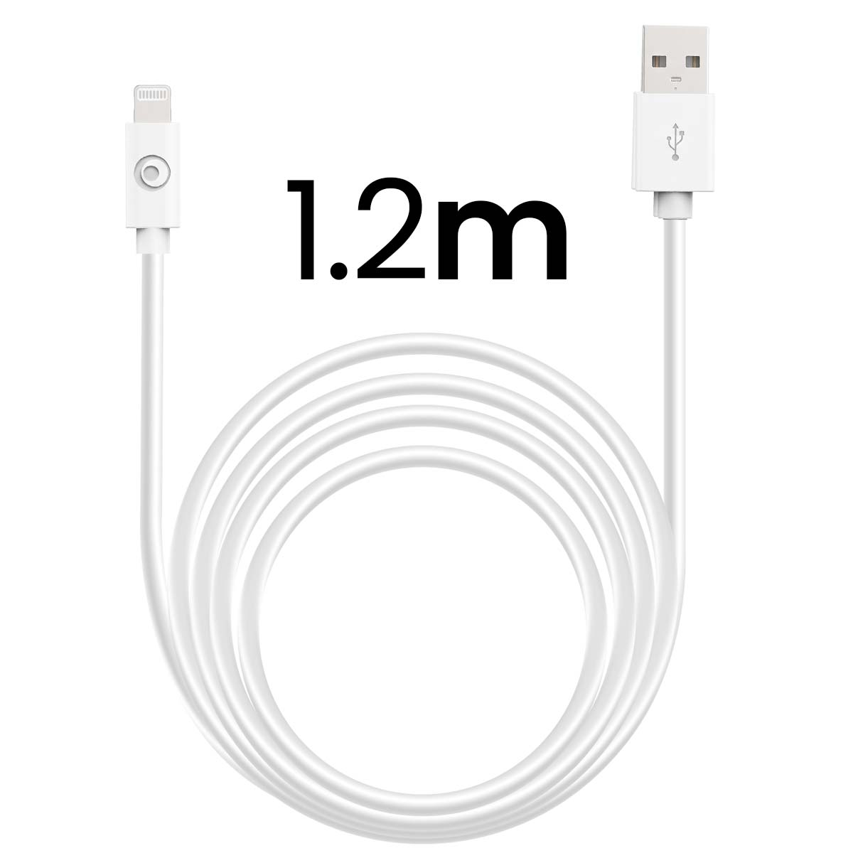 Un cavo di ricarica bianco da 1,2 metri da USB a Lightning è arrotolato su sfondo bianco.