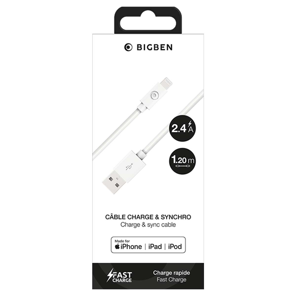 Confezione bianca Bigben con cavo di ricarica e sincronizzazione per iPhone, iPad e iPod.