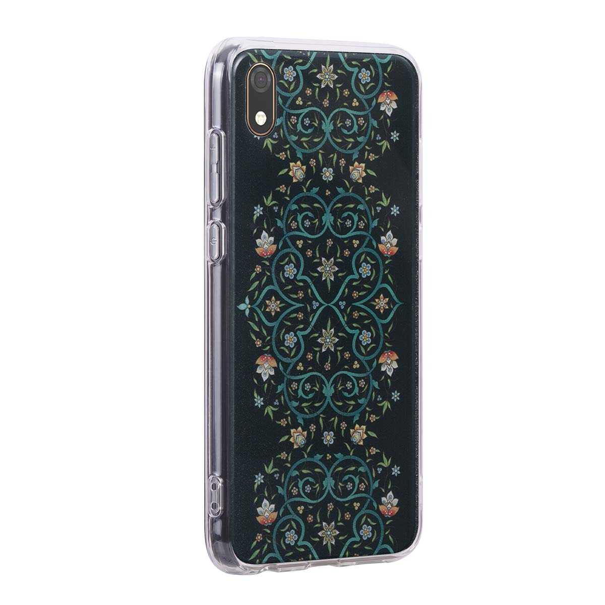 Una custodia trasparente per telefono con sfondo scuro e motivo floreale verde, bianco e arancione.
