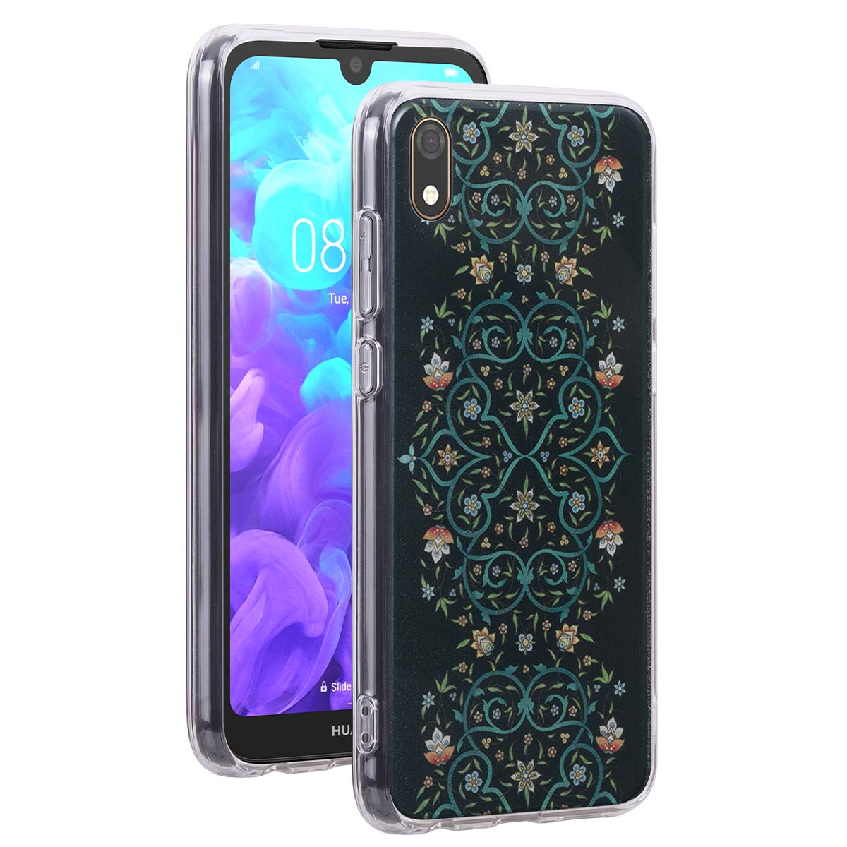 Uno smartphone nero con cover trasparente e un intricato motivo floreale blu e oro sul retro.