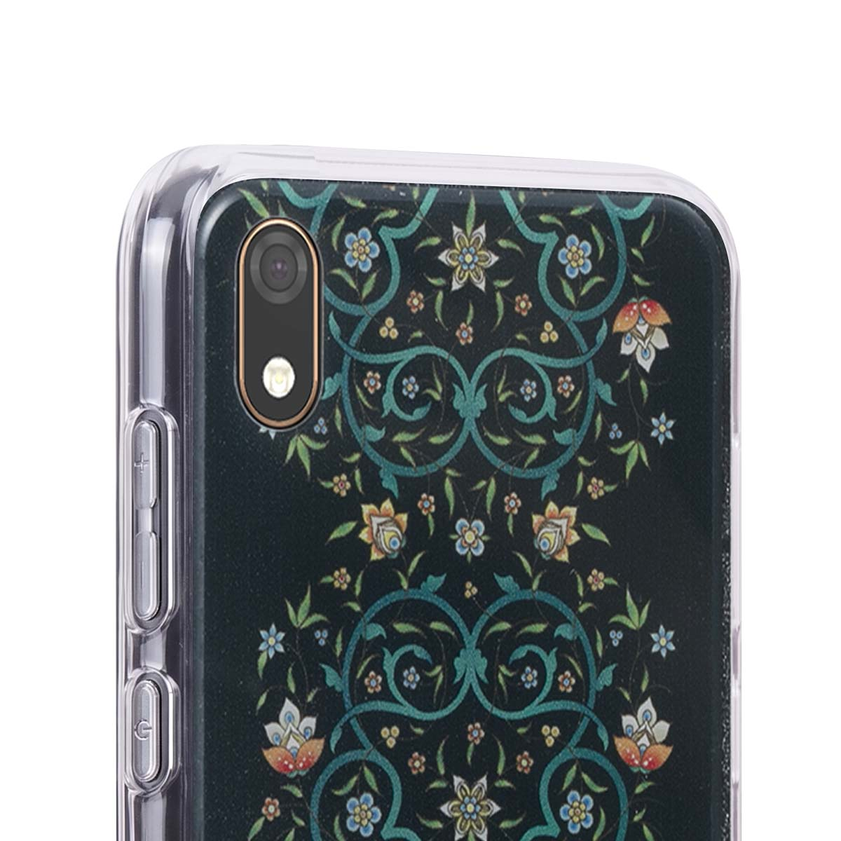 Custodia per telefono con motivo floreale, design a tappeto, fotocamere e pulsanti visibili.