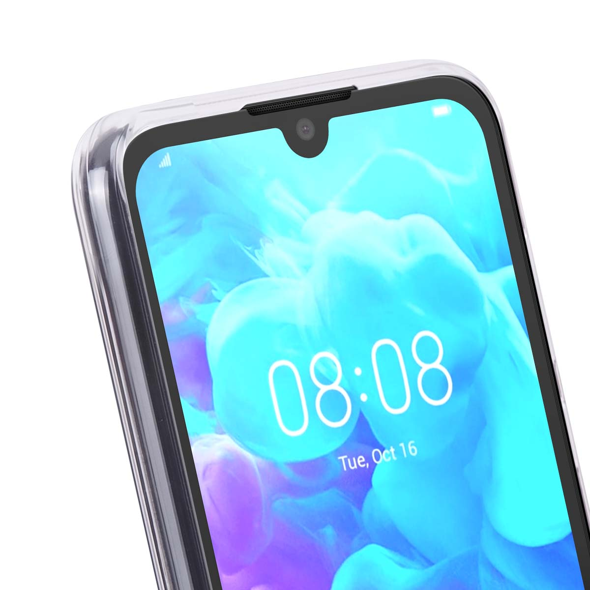 Primo piano di uno smartphone con custodia protettiva trasparente, schermo a goccia d'acqua e ora 08:08.