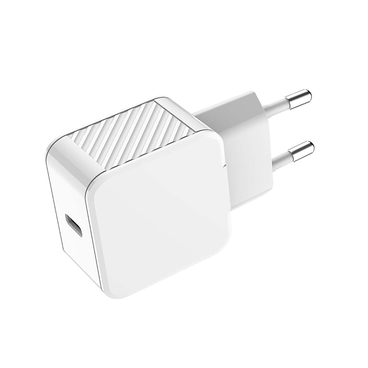 Un adaptateur secteur USB-C blanc avec des broches européennes sur fond blanc.
