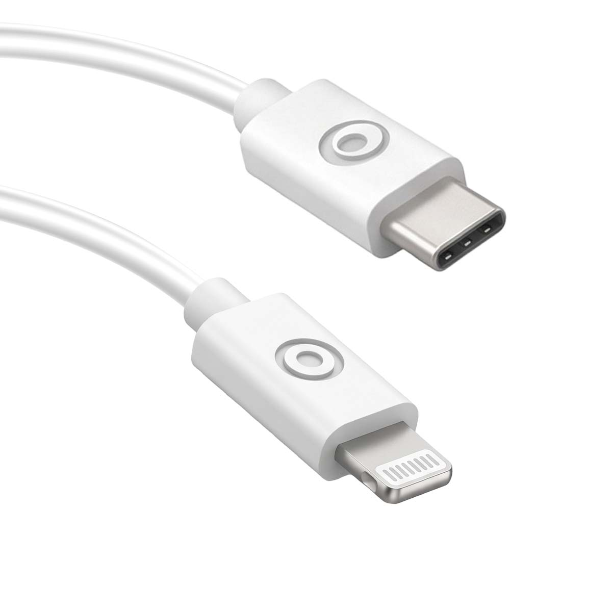 Câble de charge blanc avec connecteurs USB-C et Lightning sur fond gris.