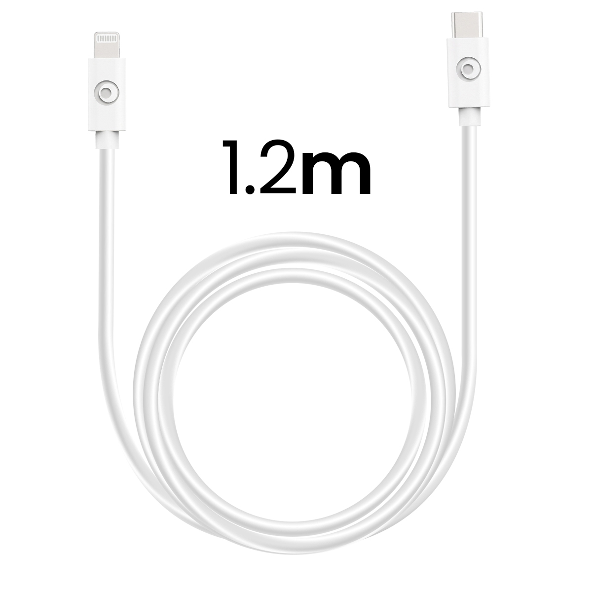 Un câble USB-C vers Lightning blanc de 1,2 mètre sur fond blanc.