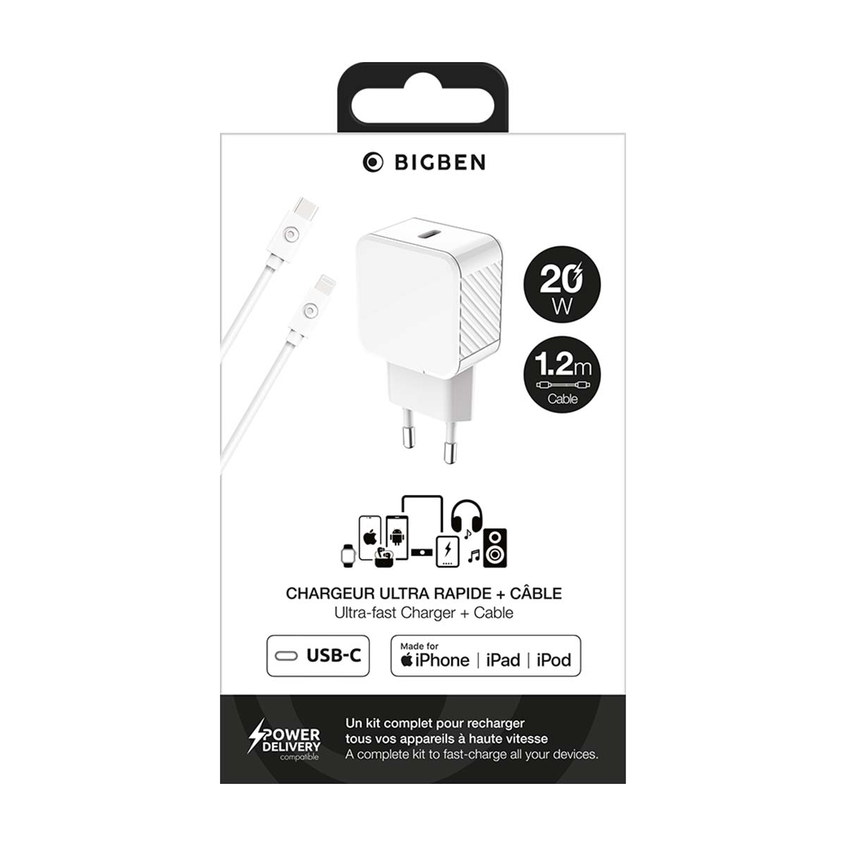 Boîte de chargeur ultra-rapide et câble Bigben blanc 20W.