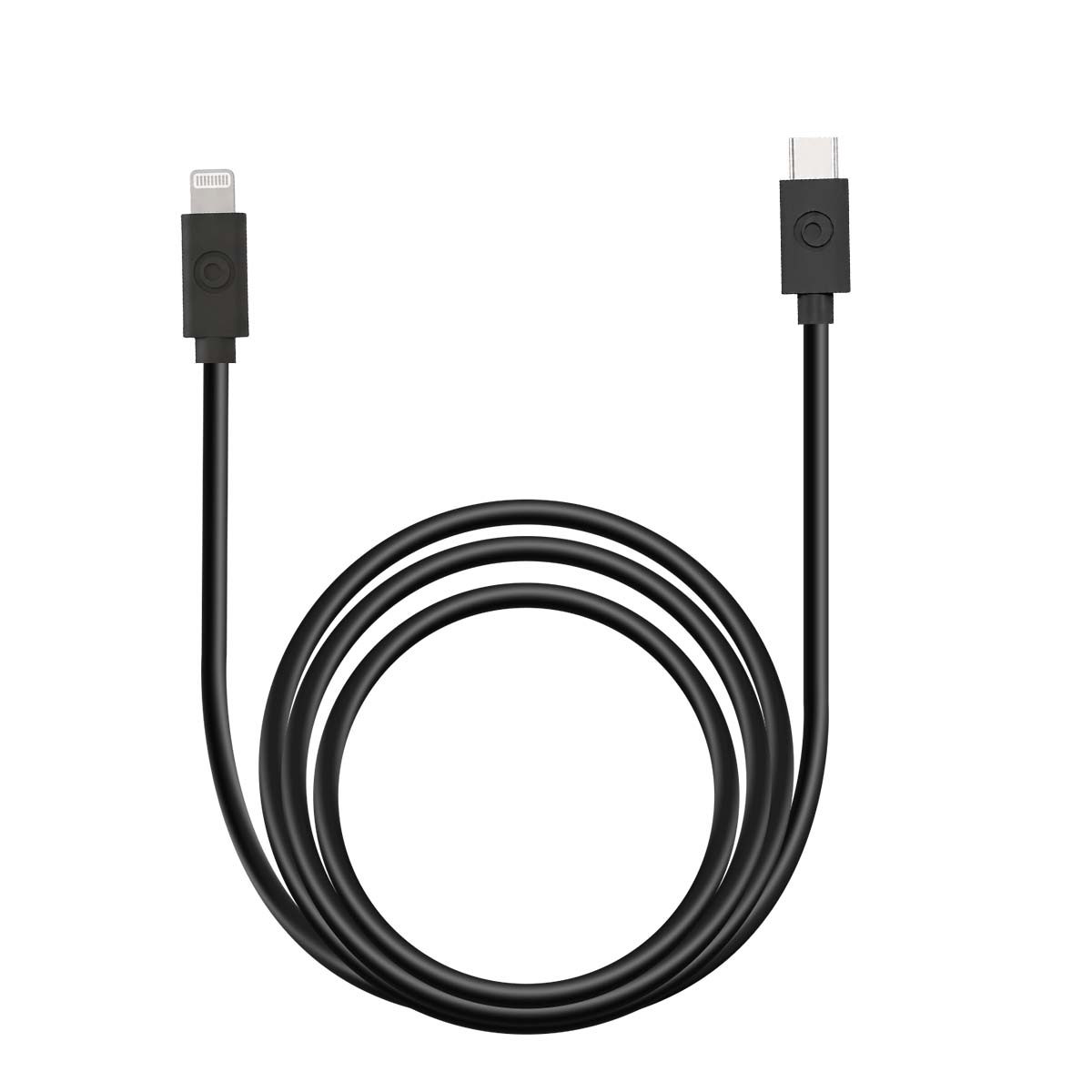 Un cavo di ricarica nero con un connettore Lightning a sinistra e un connettore USB-C a destra, su sfondo bianco.