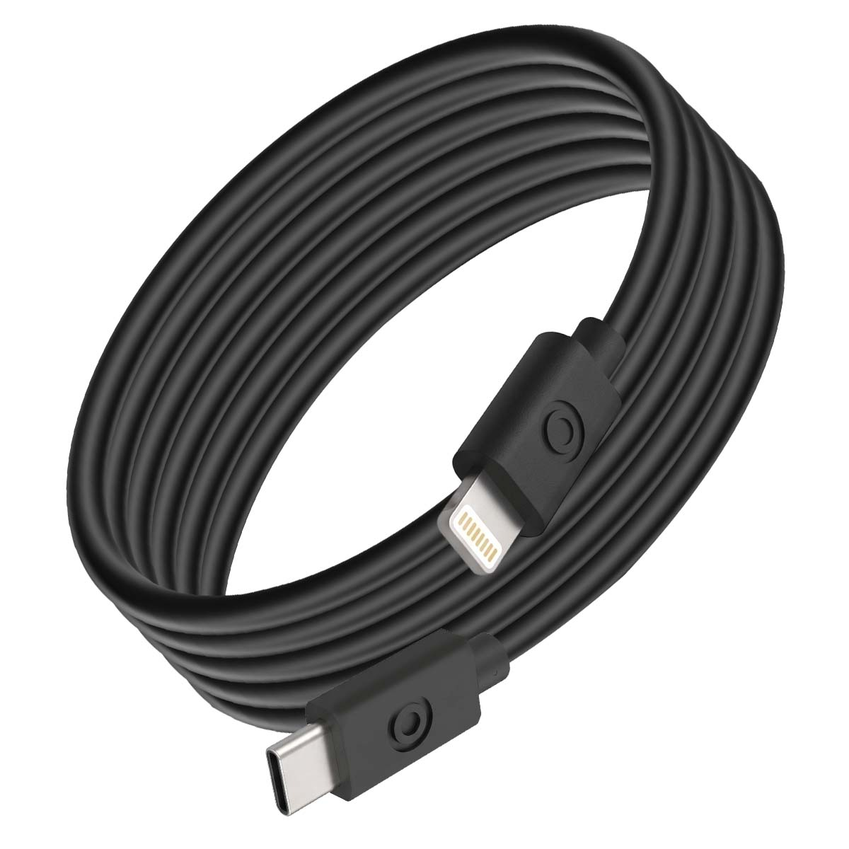 Un cavo nero da USB-C a Lightning ordinatamente arrotolato su sfondo bianco.