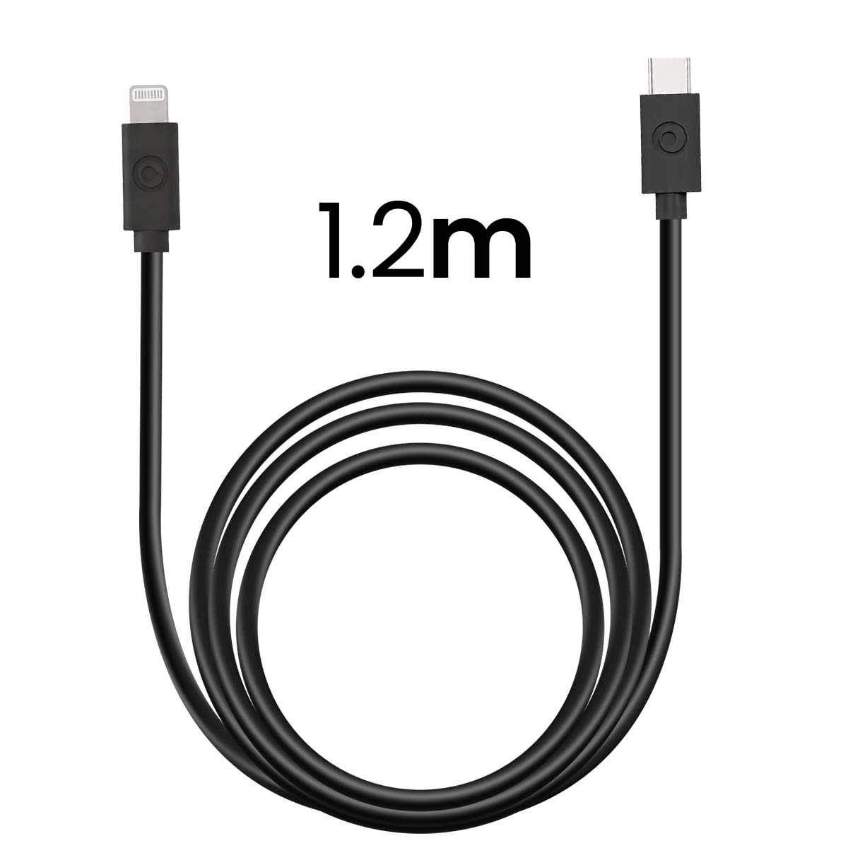 Un cavo di ricarica nero da 1,2 metri con connettore Lightning e connettore USB-C su sfondo bianco.