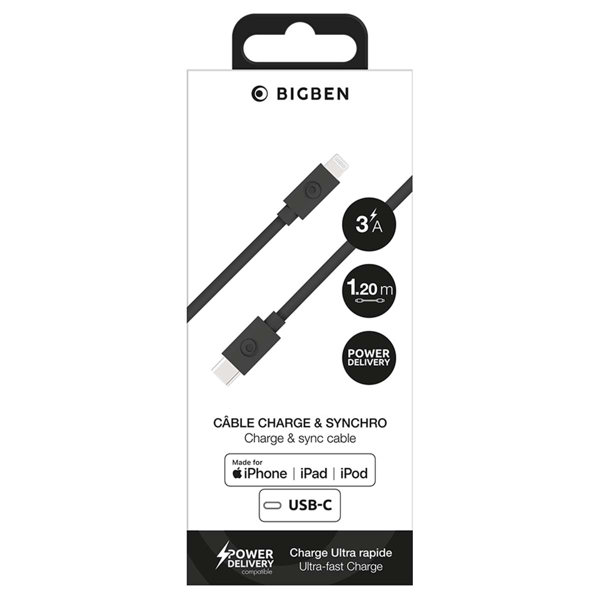 Confezione per un cavo di ricarica e sincronizzazione Bigben da USB-C a Lightning, 3A e 1,20m.