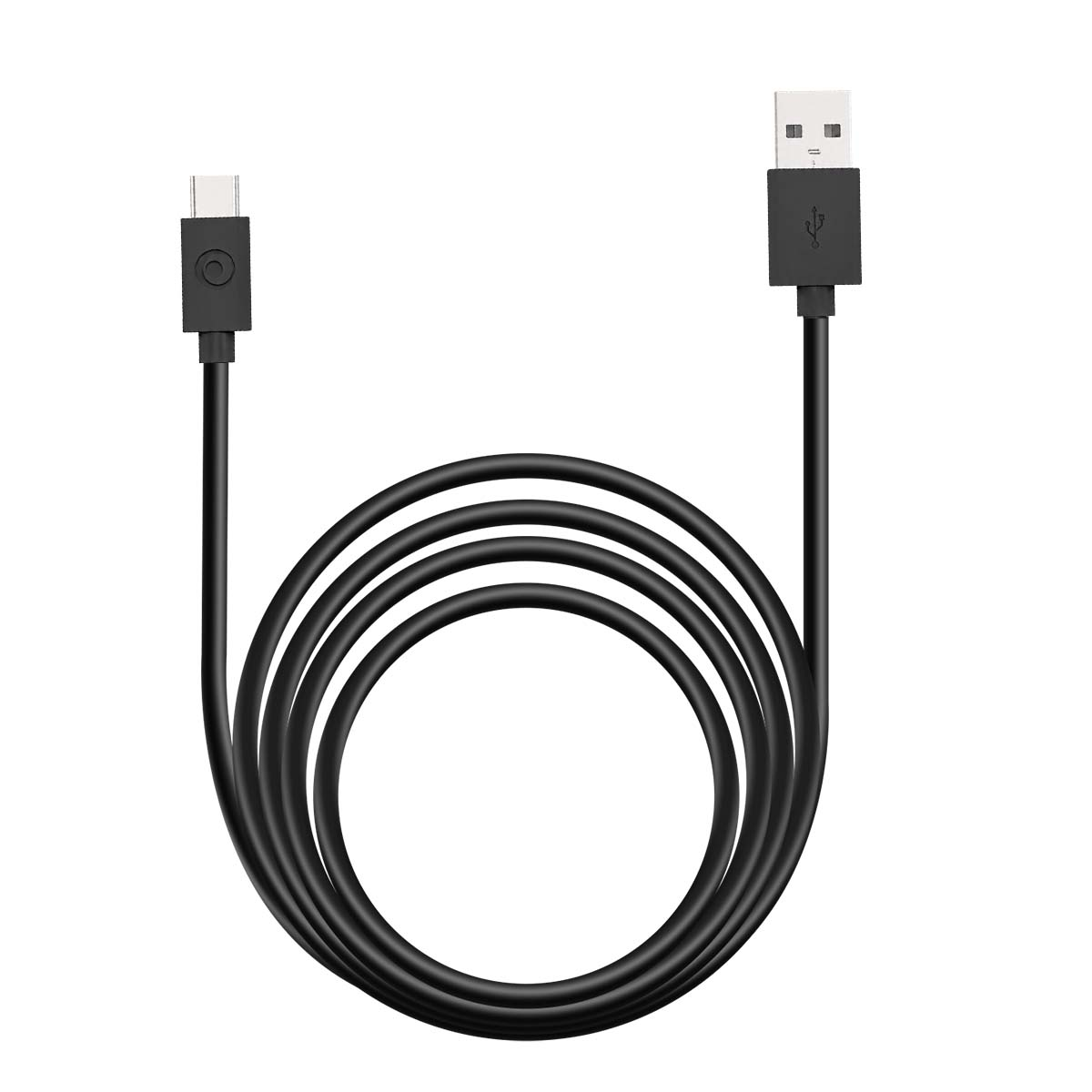 Un cavo USB nero con connettore di tipo C e USB standard su sfondo bianco.
