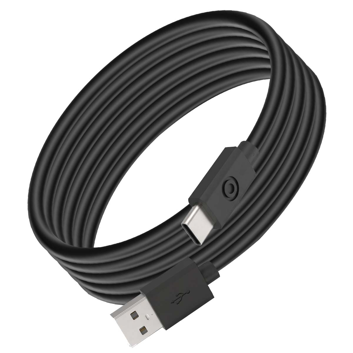Un cavo USB nero arrotolato con un connettore Type-C a un'estremità e un connettore USB-A standard all'altra.