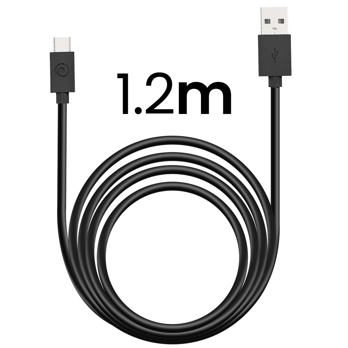 Un cavo USB nero da 1,2 m con connettore Type-C a sinistra e USB-A a destra.