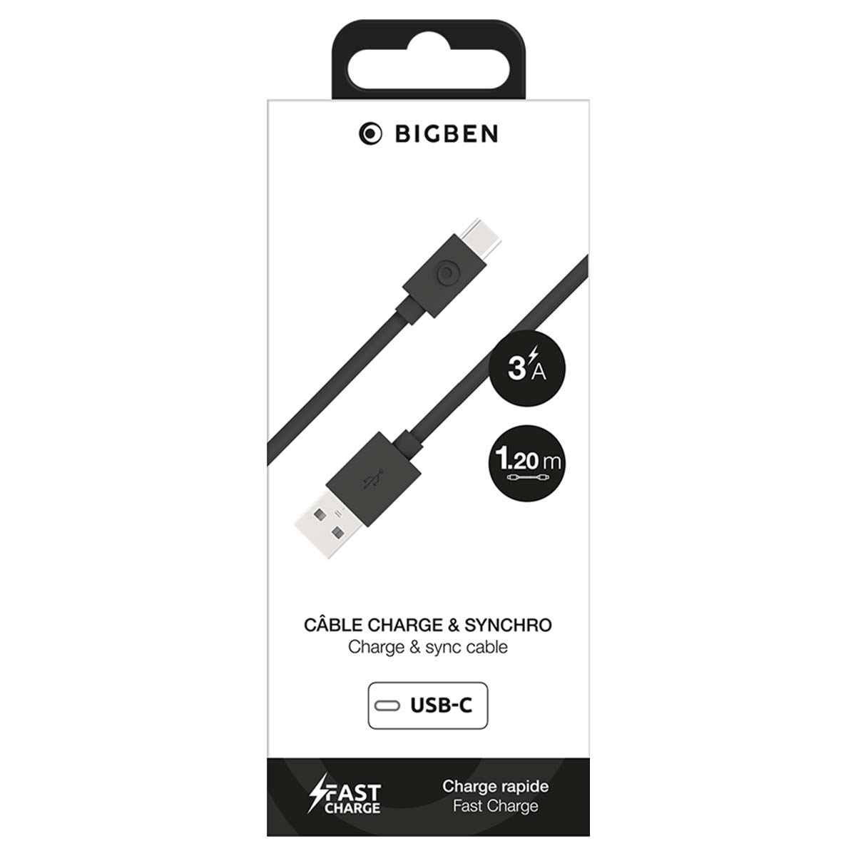 Confezione bianca Bigben per cavo USB-C carica rapida e sinc da 1,20m, 3A.