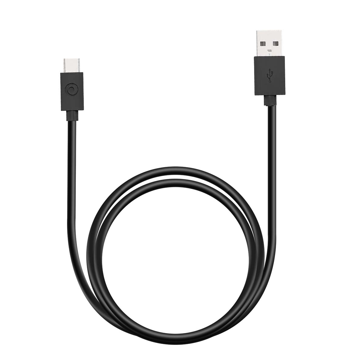 Un cavo USB nero con un connettore USB-C a sinistra e una spina USB-A standard a destra su sfondo bianco.