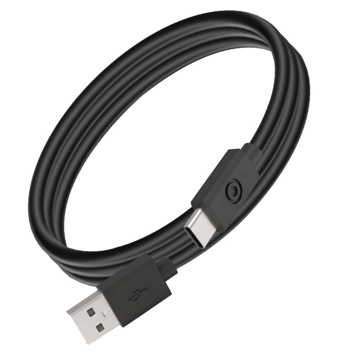 Un cavo USB nero con connettori USB-A e USB-C, ordinatamente arrotolato su uno sfondo bianco.