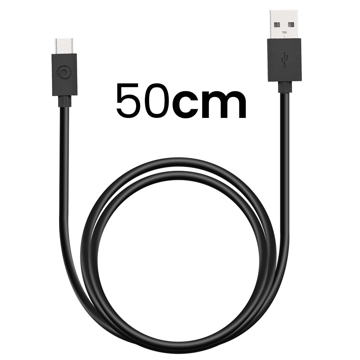 Un cavo di ricarica nero da 50 cm da USB-C a USB-A su sfondo bianco.