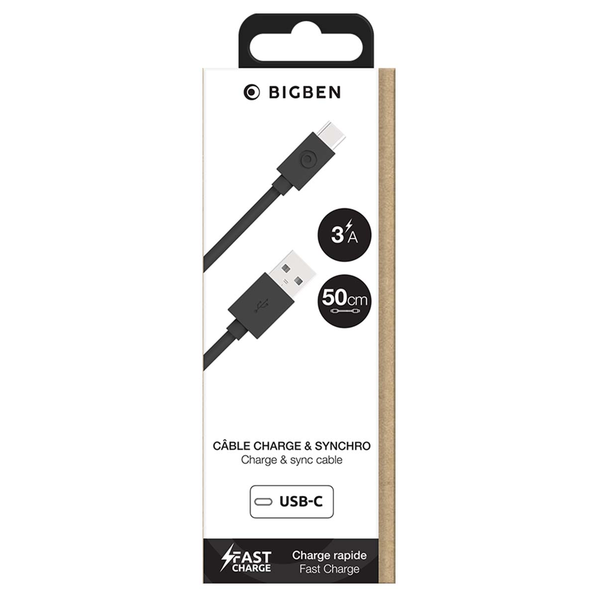 Confezione per cavo di ricarica e sincronizzazione Bigben USB-C, 50 cm e 3A.