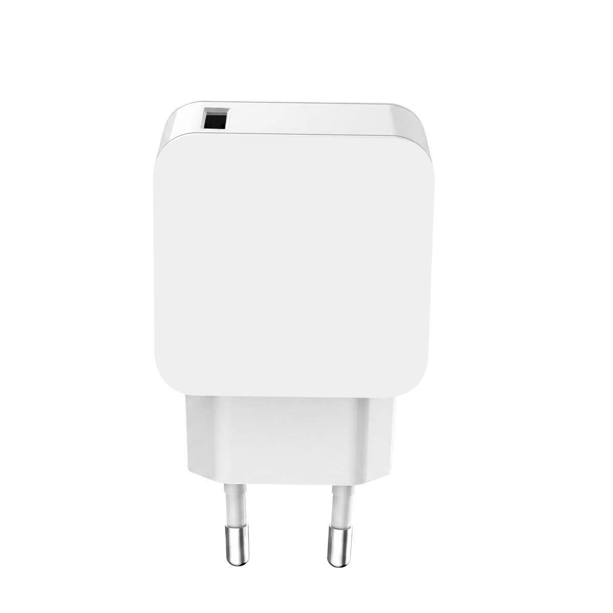 A white USB wall charger with two metal prongs on a plain white background.