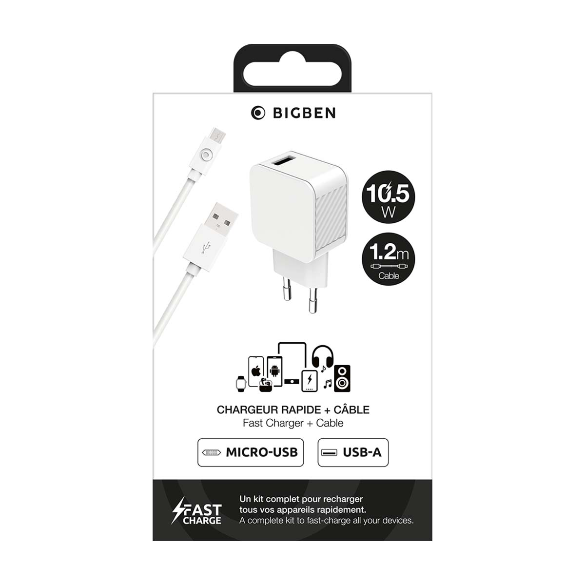 Packaging for a Bigben fast charger and cable with 10.5W power and 1.2m length, featuring Micro-USB and USB-A.