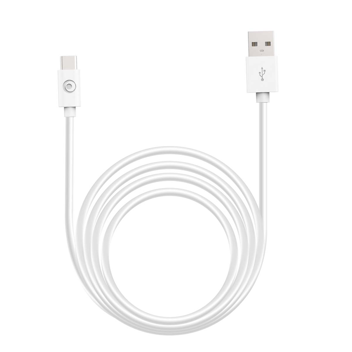 Un cavo USB bianco su sfondo bianco con un connettore USB-A standard e una spina tonda.