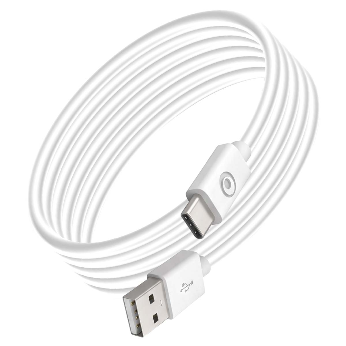 Un cavo di ricarica bianco arrotolato con connettori USB-A e USB-C su sfondo bianco.