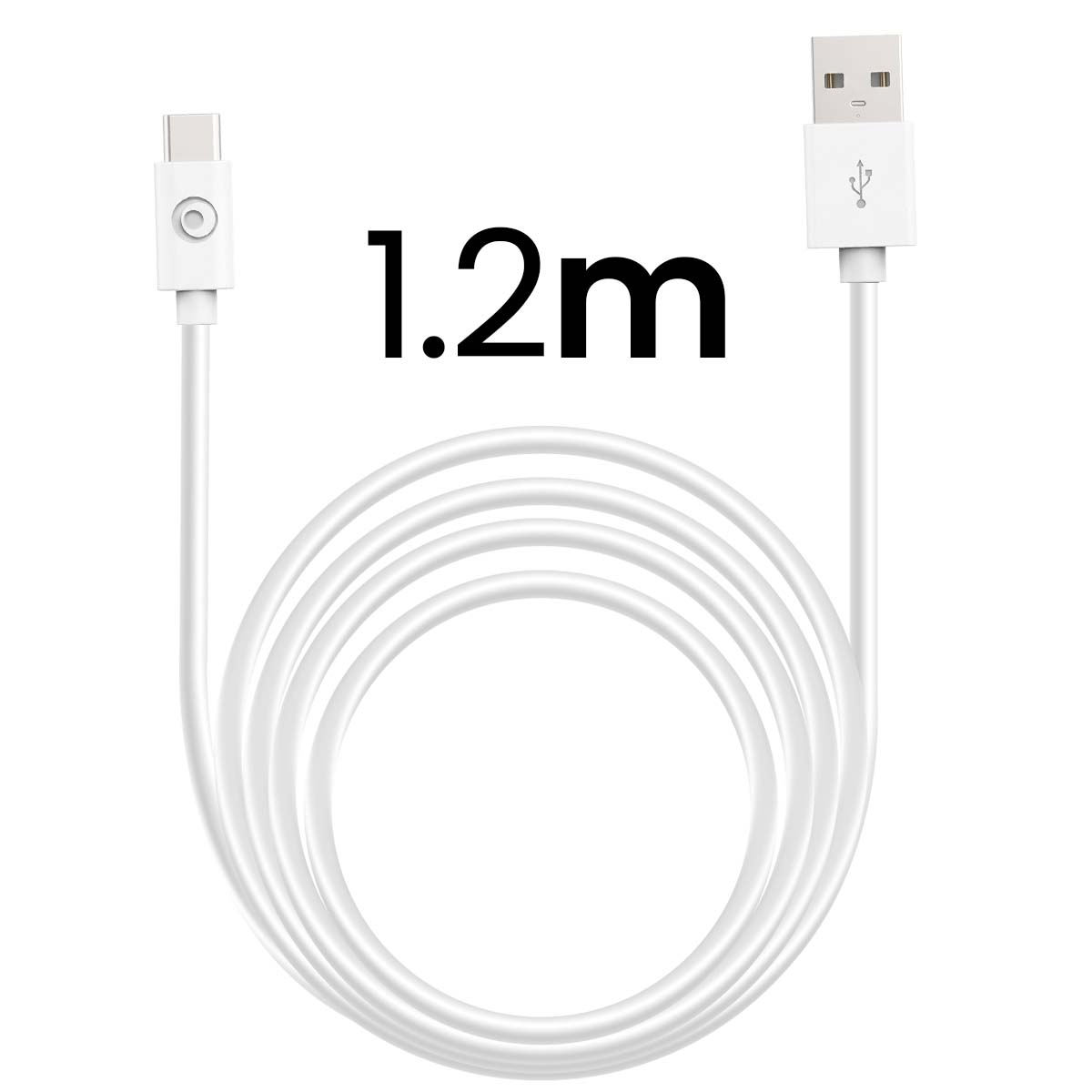 Un cavo di ricarica bianco da 1,2 m con connettori Type-C e USB-A su sfondo bianco.