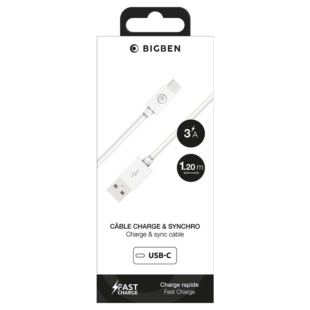Confezione bianca cavo ricarica e sincronizzazione USB-C Bigben, 1,20 metri, 3A, ricarica rapida.