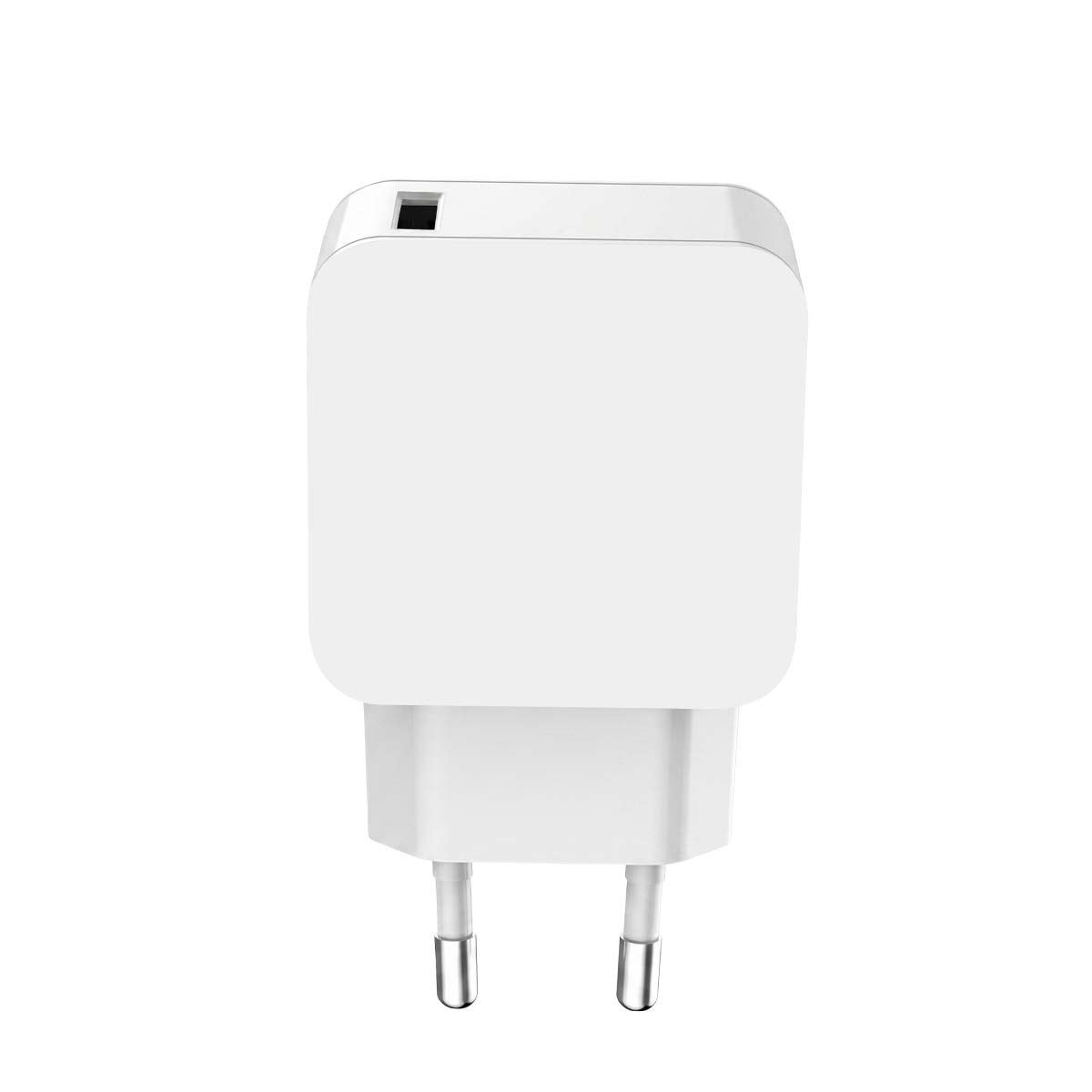 Un chargeur mural USB blanc avec deux broches métalliques rondes sur un fond blanc.